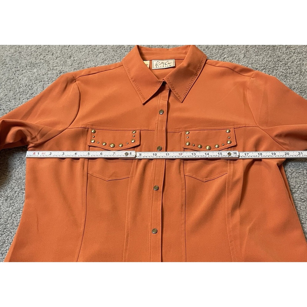 Vtg Kathy Che Button Front Shirt Women's S Studded Orange Pockets Career Casual - Picture 9 of 14